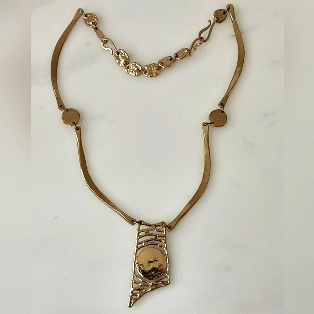 ANNE DICK Modernist|Brutalis Hammered Bronze Tiffany Blue Inlay Pendant Necklace - Picture 8 of 10